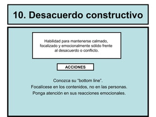 10. Desacuerdo constructivo

          Habilidad para mantenerse calmado,
       focalizado y emocionalmente sólido frente
                al desacuerdo o conflicto.



                     ACCIONES


              Conozca su “bottom line”.
   Focalícese en los contenidos, no en las personas.
    Ponga atención en sus reacciones emocionales.


                   Cristina Silva Cachicas             11
 