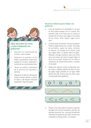 Producción     de   Textos Escritos




                                        Secuencia didáctica para trabajar con
                                        grafismos.
                                           Inicia las sesiones con actividades en las que
                                            el niño pueda trabajar con su cuerpo. Por
                                            ejemplo, pide a los niños que se muevan al
                                            compás de la música; que caigan en la cuenta
                                            de los ritmos: lento, rápido, según sea el
                                            caso.
¿Qué aprenden los niños                    Cuando hayan terminado, haz que se ubiquen
y niñas trabajando con                      frente al papel donde van a trazar. Usa hojas
grafismos?                                  de periódico, papel de bolsa, cartones
                                            en desuso. Al compás de la música, pide
•   Ejercitan los movimientos de            que hagan bailar su dedito sobre el papel.
    muñeca, mano y dedos.                   Después, entrega crayolas o tizas a los niños
•   Adquieren la precisión en los           para que tracen por todo el papel según el
    trazos, coordinación motora fina,       ritmo de la música. Propicia en los niños la
    rapidez en el trazo, distensión y       realización de movimientos libres y amplios
    control de los movimientos finos.       en el papel.

•   Toman en cuenta la orientación         Selecciona algunos trazos producidos por
    de la escritura de izquierda a          los niños y cópialos delante de ellos en tiras
    derecha.                                de papel; luego colócalos en un lugar visible
                                            dentro del aula. Procura que los niños vayan
•   Adquieren el domino del espacio
                                            incorporando otros grafismos.
    amplio (campo abierto, el patio,
    el salón) y del espacio reducido
    (papelotes, hojas de papel).




                                           Propón a los niños adornar diversos soportes
                                            de papel con formas de paloma, poncho, de
                                            pescado, de jarrón, etc., para que los adornen
                                            utilizando los grafismos que ellos mismos han
                                            inventado o creando otros, si lo desean.

                                                                                             113
 