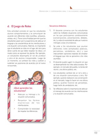E x pr e s i ó n   y c o m pr e n s i ó n o r a l y e n d i v e r s o s l e n g u a j e s




d.	 El Juego de Roles                                           Secuencia didáctica.

Esta actividad consiste en que los estudiantes                  1.	     El docente conversa con los estudiantes
asuman comportamientos y se comuniquen de                               sobre las múltiples situaciones comunicativas
acuerdo con diferentes roles (canillitas, artesanos,                    en las que participamos cotidianamente
artistas, etc.). Tiene como finalidad permitir que los                  (conversaciones, presentaciones, debates,
estudiantes pasen por la experiencia de adecuar el                      etc.) y sobre la necesidad de adecuar nuestros
lenguaje a las características de los interlocutores y                  mensajes a esas circunstancias.
a la situación comunicativa. Además, es importante              2.	     Se pide a los estudiantes que asuman
que el estudiante se sitúe en el lugar del otro para                    diferentes roles (empleados públicos,
darse cuenta de que debe respetar las ideas y el                        periodistas, vendedores, etc.) y que
modo como se expresan los demás. Por ejemplo,                           intercambien opiniones tratando de emplear
un estudiante desempeña el rol de profesor                              el lenguaje que más se aproxime a los roles
y otro el de alumno irresponsable. Luego de                             asumidos.
un momento, se cambian los roles y vuelven a
                                                                3.	     El docente puede sugerir la situación en que
sustentar sus posiciones de acuerdo con el nuevo
                                                                        se desempeñarán los roles seleccionados. Por
rol asumido.
                                                                        ejemplo, el mercado del pueblo, la tienda del
                                                                        vecino, una oficina pública, etc.
                                                                4.	     Los estudiantes cambian de un rol a otro y
                                                                        de una situación comunicativa a otra. Por
                                                                        ejemplo, quienes realizaron una conversación
                                                                        en el mercado, luego lo hacen en una oficina
                                                                        pública; quienes hicieron de periodistas,
                                                                        luego harán de vendedores, etc.
         ¿Qué aprenden los                                      5.	     Se reflexiona sobre la importancia de adecuar
         estudiantes?                                                   el mensaje de acuerdo con los interlocutores
         •    Adecuan su mensaje a la                                   y la situación comunicativa.
              situación comunicativa.
         •    Respetan las formas
              expresivas de los
              interlocutores.
         •    Comprenden la necesidad
              de respetar las diferencias.




                                                                                                                                         153
 