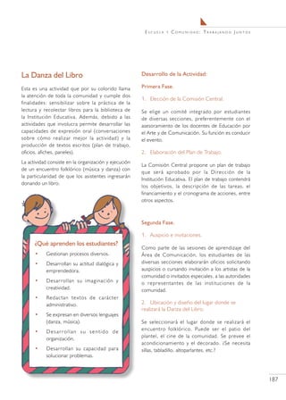 Escuela   y   Comunidad: Trabajando Juntos




La Danza del Libro                                     Desarrollo de la Actividad:

Esta es una actividad que por su colorido llama        Primera Fase.
la atención de toda la comunidad y cumple dos
                                                       1.	 Elección de la Comisión Central.
finalidades: sensibilizar sobre la práctica de la
lectura y recolectar libros para la biblioteca de      Se elige un comité integrado por estudiantes
la Institución Educativa. Además, debido a las         de diversas secciones, preferentemente con el
actividades que involucra permite desarrollar las      asesoramiento de los docentes de Educación por
capacidades de expresión oral (conversaciones          el Arte y de Comunicación. Su función es conducir
sobre cómo realizar mejor la actividad) y la           el evento.
producción de textos escritos (plan de trabajo,
oficios, afiches, paneles).                            2.	 Elaboración del Plan de Trabajo.
La actividad consiste en la organización y ejecución
                                                       La Comisión Central propone un plan de trabajo
de un encuentro folklórico (música y danza) con
                                                       que será aprobado por la Dirección de la
la particularidad de que los asistentes ingresarán
                                                       Institución Educativa. El plan de trabajo contendrá
donando un libro.
                                                       los objetivos, la descripción de las tareas, el
                                                       financiamiento y el cronograma de acciones, entre
                                                       otros aspectos.



                                                       Segunda Fase.

                                                       1.	 Auspicio e invitaciones.
      ¿Qué aprenden los estudiantes?
                                                       Como parte de las sesiones de aprendizaje del
      •    Gestionan procesos diversos.                Área de Comunicación, los estudiantes de las
      •    Desarrollan su actitud dialógica y          diversas secciones elaborarán oficios solicitando
           emprendedora.                               auspicios o cursando invitación a los artistas de la
                                                       comunidad o invitados especiales, a las autoridades
      •    Desarrollan su imaginación y                o representantes de las instituciones de la
           creatividad.                                comunidad.
      •    Redactan textos de carácter
           administrativo.                             2.	 Ubicación y diseño del lugar donde se
                                                       realizará la Danza del Libro.
      •    Se expresan en diversos lenguajes
           (danza, música).                            Se seleccionará el lugar donde se realizará el
      •    Desarrollan su sentido de                   encuentro folklórico. Puede ser el patio del
           organización.                               plantel, el cine de la comunidad. Se prevee el
                                                       acondicionamiento y el decorado. ¿Se necesita
      •    Desarrollan su capacidad para               sillas, tabladillo, altoparlantes, etc.?
           solucionar problemas.



                                                                                                              187
 