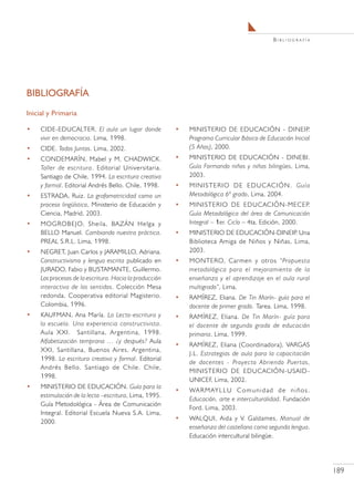 Bibliografía




BIBLIOGRAFÍA
Inicial y Primaria

•    CIDE-EDUCALTER. El aula un lugar donde              •   MINISTERIO DE EDUCACIÓN - DINEIP.
     vivir en democracia. Lima, 1998.                        Programa Curricular Básico de Educación Inicial
•    CIDE. Todos Juntos. Lima, 2002.                         (5 Años), 2000.
•    CONDEMARÍN, Mabel y M, CHADWICK.                    •   MINISTERIO DE EDUCACIÓN - DINEBI.
     Taller de escritura. Editorial Universitaria.           Guía Formando niños y niñas bilingües, Lima,
     Santiago de Chile, 1994. La escritura creativa          2003.
     y formal. Editorial Andrés Bello. Chile, 1998.      •   M I N I S T E R I O D E E D U C AC I Ó N . G u í a
•    ESTRADA, Ruiz. La grafomotricidad como un               Metodológica 6º grado, Lima, 2004.
     proceso lingüístico, Ministerio de Educación y      •   MINISTERIO DE EDUCACIÓN-MECEP.
     Ciencia, Madrid, 2003.                                  Guía Metodológica del área de Comunicación
•    MOGROBEJO, Sheila, BAZÁN Helga y                        Integral – 1er. Ciclo – 4ta. Edición, 2000.
     BELLO Manuel. Cambiando nuestra práctica.           •   MINISTERIO DE EDUCACIÓN-DINEIP Una .
     PREAL S.R.L. Lima, 1998.                                Biblioteca Amiga de Niños y Niñas, Lima,
•    NEGRET, Juan Carlos y JARAMILLO, Adriana.               2003.
     Constructivismo y lengua escrita publicado en       •   MONTERO, Carmen y otros “Propuesta
     JURADO, Fabio y BUSTAMANTE, Guillermo.                  metodológica para el mejoramiento de la
     Los procesos de la escritura. Hacia la producción       enseñanza y el aprendizaje en el aula rural
     interactiva de los sentidos. Colección Mesa             multigrado”, Lima.
     redonda. Cooperativa editorial Magisterio.          •   RAMÍREZ, Eliana. De Tin Marín- guía para el
     Colombia, 1996.                                         docente de primer grado. Tarea. Lima, 1998.
•    KAUFMAN, Ana María. La Lecto-escritura y            •   RAMÍREZ, Eliana. De Tin Marín- guía para
     la escuela. Una experiencia constructivista.            el docente de segundo grado de educación
     Aula XXI. Santillana, Argentina, 1998.                  primaria. Lima, 1999.
     Alfabetización temprana … ¿y después? Aula
                                                         •   RAMÍREZ, Eliana (Coordinadora), VARGAS
     XXI, Santillana, Buenos Aires, Argentina,
                                                             J.L. Estrategias de aula para la capacitación
     1998. La escritura creativa y formal. Editorial
                                                             de docentes - Proyecto Abriendo Puertas,
     Andrés Bello. Santiago de Chile. Chile,
                                                             MINISTERIO DE EDUCACIÓN-USAID -
     1998.
                                                             UNICEF, Lima, 2002.
•    MINISTERIO DE EDUCACIÓN. Guía para la
                                                         •   WA R M AY L L U C o m u n i d a d d e n i ñ o s .
     estimulación de la lecto –escritura, Lima, 1995.
                                                             Educación, arte e interculturalidad. Fundación
     Guía Metodológica - Área de Comunicación
                                                             Ford. Lima, 2003.
     Integral. Editorial Escuela Nueva S.A. Lima,
                                                         •   WALQUI, Aida y V. Galdames, Manual de
     2000.
                                                             enseñanza del castellano como segunda lengua.
                                                             Educación intercultural bilingüe.




                                                                                                                  189
 