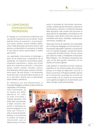 C a pa c i d a d e s C o m u n i c at i va s P r i o r i z a d a s




2.4	 CAPACIDADES                                         existe la necesidad de intercambiar opiniones,
                                                         acceder a distinto tipo de información y expresar lo
     COMUNICATIVAS                                       que pensamos o sentimos. La Institución Educativa
     PRIORIZADAS                                         debe aprovechar toda ocasión para promover el
                                                         desarrollo de las capacidades comunicativas en los
El lenguaje es la herramienta fundamental que            estudiantes, tanto dentro como fuera del aula, en
nos permite relacionarnos con los demás. Incluye         actividades entre pares, asambleas, celebraciones,
distintas formas de expresión y comunicación:            ceremonias, campañas, etc.
oral, escrita, corporal, musical, simbólica, gráfica,    Todas estas formas de expresión son presentadas
virtual. Todas ellas existen de manera única en cada     por la Propuesta Pedagógica de Comunicación en
persona y se desarrollan en la escuela en la medida      tres grandes capacidades: expresión y comprensión
en que ésta les ofrece oportunidades y medios            oral y en diversos lenguajes, comprensión lectora
para hacerlo.                                            y producción de textos escritos. Son las mismas
Las capacidades comunicativas se despliegan a            para todos los niveles y modalidades de Educación
partir de las experiencias y expectativas de los         Básica Regular y los indicadores propuestos para
estudiantes, en situaciones comunicativas reales,        cada una de ellas guardan coherencia con los
empleando expresiones y textos que forman                diseños curriculares vigentes.
parte de la experiencia personal y comunitaria           Cabe destacar la importancia de hacer esfuerzos
(cartas, recibos, carteles, manuales, noticias,          específicos en los primeros grados de la primaria,
dramatizaciones, afiches, guías, canciones, artículos,   porque es la etapa de adquisición inicial de la
entre otros). De esta manera, si los estudiantes         lectura y la escritura. El Programa también requiere
encuentran que lo que les brinda la escuela es útil      de la intervención concertada de la familia, de
en su vida diaria, sentirán que sus aprendizajes         la comunidad y de los medios de comunicación
tienen sentido y pertinencia.                            como agentes protagónicos fundamentales para
En coherencia con este planteamiento, la                 elevar los bajos niveles de aprendizaje.
Propuesta Pedagógica considera el desarrollo de las
capacidades comunicativas
como transversales, de
tal manera que deben
abordarse en todas
las áreas curriculares y
espacios educativos. Esto
quiere decir que aprender
a hablar, escuchar, leer,
escribir y expresarse en
diversos lenguajes es una
tarea que involucra a
todo el personal docente,
directivo y no únicamente
al profesor de lengua o
comunicación, pues en
todas las áreas curriculares
                                                                                                                                  25
 