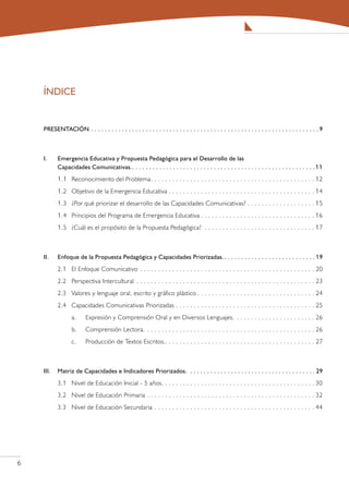 ÍNDICE


    PRESENTACIÓN . .  .  .  .  .  .  .  .  .  .  .  .  .  .  .  .  .  .  .  .  .  .  .  .  .  .  .  .  .  .  .  .  .  .  .  .  .  .  .  .  .  .  .  .  .  .  .  .  .  .  .  .  .  .  .  .  .  .  .  .  .  .  .  .  .  . 9



    I.	       Emergencia Educativa y Propuesta Pedagógica para el Desarrollo de las
    	         Capacidades Comunicativas..  .  .  .  .  .  .  .  .  .  .  .  .  .  .  .  .  .  .  .  .  .  .  .  .  .  .  .  .  .  .  .  .  .  .  .  .  .  .  .  .  .  .  .  .  .  .  .  .  .  .  .  . 11
                                          .
              1.1	 Reconocimiento del Problema. . . . . . . . . . . . . . . . . . . . . . . . . . . . . . . . . . . . . . . . . . . . . .  12
              1.2	 Objetivo de la Emergencia Educativa. . . . . . . . . . . . . . . . . . . . . . . . . . . . . . . . . . . . . . . . .  14
              1.3	 ¿Por qué priorizar el desarrollo de las Capacidades Comunicativas?. . . . . . . . . . . . . . . . . . .  15
              1.4	 Principios del Programa de Emergencia Educativa. . . . . . . . . . . . . . . . . . . . . . . . . . . . . . . .  16
              1.5	 ¿Cuál es el propósito de la Propuesta Pedagógica? . . . . . . . . . . . . . . . . . . . . . . . . . . . . . . .  17



    II.	      Enfoque de la Propuesta Pedagógica y Capacidades Priorizadas.. .  .  .  .  .  .  .  .  .  .  .  .  .  .  .  .  .  .  .  .  .  .  .  .  .  . 19
              2.1	 El Enfoque Comunicativo . . . . . . . . . . . . . . . . . . . . . . . . . . . . . . . . . . . . . . . . . . . . . . . . . . 20
              2.2	 Perspectiva Intercultural . . . . . . . . . . . . . . . . . . . . . . . . . . . . . . . . . . . . . . . . . . . . . . . . . . . 23
              2.3	 Valores y lenguaje oral, escrito y gráfico plástico. . . . . . . . . . . . . . . . . . . . . . . . . . . . . . . . . . 24
              2.4	 Capacidades Comunicativas Priorizadas. . . . . . . . . . . . . . . . . . . . . . . . . . . . . . . . . . . . . . . . 25
              	          a.	       Expresión y Comprensión Oral y en Diversos Lenguajes. . . . . . . . . . . . . . . . . . . . . . . . 26
              	          b.	       Comprensión Lectora. . . . . . . . . . . . . . . . . . . . . . . . . . . . . . . . . . . . . . . . . . . . . . . . . 26
              	          c.	       Producción de Textos Escritos.. . . . . . . . . . . . . . . . . . . . . . . . . . . . . . . . . . . . . . . . . . 27



    III.	 Matriz de Capacidades e Indicadores Priorizados. . .  .  .  .  .  .  .  .  .  .  .  .  .  .  .  .  .  .  .  .  .  .  .  .  .  .  .  .  .  .  .  .  .  .  .  . 29
              3.1	 Nivel de Educación Inicial - 5 años. . . . . . . . . . . . . . . . . . . . . . . . . . . . . . . . . . . . . . . . . . .  30	
              3.2	 Nivel de Educación Primaria . . . . . . . . . . . . . . . . . . . . . . . . . . . . . . . . . . . . . . . . . . . . . . . . 32
              3.3	 Nivel de Educación Secundaria . . . . . . . . . . . . . . . . . . . . . . . . . . . . . . . . . . . . . . . . . . . . .  44	





 