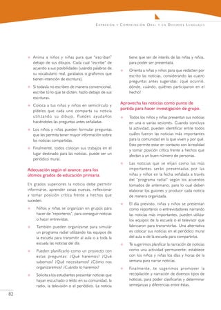 E x pr e s i ó n   y   C o m pr e n s i ó n O r a l   y en   Diversos Lenguajes




        Anima a niños y niñas para que “escriban”                                         tiene que ser de interés de las niñas y niños,
         debajo de sus dibujos. Cada cual “escribe” de                                     para poder ser presentada.
         acuerdo a sus posibilidades (usando palabras de
                                                                                          Orienta a niñas y niños para que redacten por
         su vocabulario real, garabatos o grafismos que
                                                                                           escrito las noticias, considerando las cuatro
         tienen intención de escritura).
                                                                                           preguntas antes sugeridas: ¿qué ocurrió,
        Si todavía no escriben de manera convencional,                                    dónde, cuándo, quiénes participaron en el
         escribe tú lo que te dicten, hazlo debajo de sus                                  hecho?
         escrituras.
        Coloca a tus niñas y niños en semicírculo y
                                                                                    Aprovecha las noticias como punto de
                                                                                    partida para hacer investigación de grupo.
         pídeles que cada uno comparta su noticia
         u t i l i z a n d o s u d i b u j o . Pu e d e s a y u d a r l o s               Todos los niños y niñas presentan sus noticias
         haciéndoles las preguntas antes señaladas.                                        en una o varias sesiones. Cuando concluya
        Los niños y niñas pueden formular preguntas                                       la actividad, pueden identificar entre todos
         que les permita tener mayor información sobre                                     cuáles fueron las noticias más importantes
         las noticias compartidas.                                                         para la comunidad en la que viven y por qué.
                                                                                           Esto permite estar en contacto con la realidad
        Finalmente, todos colocan sus trabajos en el
                                                                                           y tomar posición crítica frente a hechos que
         lugar destinado para las noticias, puede ser un
                                                                                           afectan a un buen número de personas.
         periódico mural.
                                                                                          Las noticias que se elijan como las más
     Adecuación según el avance: para los                                                  importantes serán presentadas por las
     últimos grados de educación primaria.                                                 niñas y niños en la fecha señalada a través
                                                                                           del “programa radial” según los acuerdos
     En grados superiores la noticia debe permitir                                         tomados de antemano, para lo cual deben
     informarse, aprender cosas nuevas, reflexionar                                        elaborar los guiones y producir cada noticia
     y tomar posición crítica frente a hechos que                                          de manera organizada.
     suceden.
                                                                                          El día previsto, niñas y niños se presentan
          Niños y niñas se organizan en grupos para                                       como reporteros o entrevistadores narrando
           hacer de “reporteros”, para conseguir noticias                                  las noticias más importantes, pueden utilizar
           o hacer entrevistas.                                                            los equipos de la escuela o el televisor que
          También pueden organizarse para simular                                         fabricaron para transmitirlas. Una alternativa
           un programa radial utilizando los equipos de                                    es colocar sus noticias en el periódico mural
           la escuela para transmitir al aula o a toda la                                  del aula o de la escuela para compartirlas.
           escuela las noticias del día.                                                  Te sugerimos planificar la narración de noticias
          Pueden planificarlo como un proyecto con                                        como una actividad permanente; establece
           estas preguntas: ¿Qué haremos? ¿Qué                                             con los niños y niñas los días y horas de la
           sabemos? ¿Qué necesitamos? ¿Cómo nos                                            semana para narrar noticias.
           organizaremos? ¿Cuándo lo haremos?                                             Finalmente, te sugerimos promover la
          Solicita a los estudiantes presentar noticias que                               recopilación y narración de diversos tipos de
           hayan escuchado o leído en su comunidad, la                                     noticias, para poder clasificarlas y determinar
           radio, la televisión o el periódico. La noticia                                 semejanzas y diferencias entre éstas.

82
 