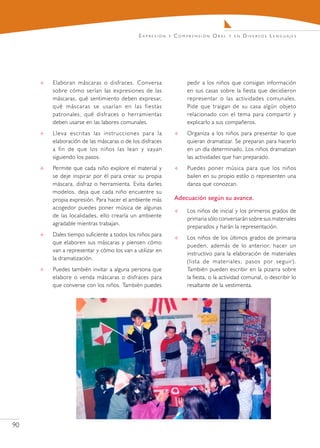 E x pr e s i ó n   y   C o m pr e n s i ó n O r a l   y en   Diversos Lenguajes




        Elaboran máscaras o disfraces. Conversa                           pedir a los niños que consigan información
         sobre cómo serían las expresiones de las                          en sus casas sobre la fiesta que decidieron
         máscaras, qué sentimiento deben expresar,                         representar o las actividades comunales.
         qué máscaras se usarían en las fiestas                            Pide que traigan de su casa algún objeto
         patronales, qué disfraces o herramientas                          relacionado con el tema para compartir y
         deben usarse en las labores comunales.                            explicarlo a sus compañeros.
        Lleva escritas las instrucciones para la                         Organiza a los niños para presentar lo que
         elaboración de las máscaras o de los disfraces                    quieran dramatizar. Se preparan para hacerlo
         a fin de que los niños las lean y vayan                           en un día determinado. Los niños dramatizan
         siguiendo los pasos.                                              las actividades que han preparado.
        Permite que cada niño explore el material y                      Puedes poner música para que los niños
         se deje inspirar por él para crear su propia                      bailen en su propio estilo o representen una
         máscara, disfraz o herramienta. Evita darles                      danza que conozcan.
         modelos, deja que cada niño encuentre su
         propia expresión. Para hacer el ambiente más               Adecuación según su avance.
         acogedor puedes poner música de algunas
                                                                          Los niños de inicial y los primeros grados de
         de las localidades, ello crearía un ambiente
                                                                           primaria sólo conversarán sobre sus materiales
         agradable mientras trabajan.
                                                                           preparados y harán la representación.
        Dales tiempo suficiente a todos los niños para
                                                                          Los niños de los últimos grados de primaria
         que elaboren sus máscaras y piensen cómo
                                                                           pueden, además de lo anterior, hacer un
         van a representar y cómo los van a utilizar en
                                                                           instructivo para la elaboración de materiales
         la dramatización.
                                                                           (lista de materiales, pasos por seguir).
        Puedes también invitar a alguna persona que                       También pueden escribir en la pizarra sobre
         elabore o venda máscaras o disfraces para                         la fiesta, o la actividad comunal, o describir lo
         que converse con los niños. También puedes                        resaltante de la vestimenta.




90
 