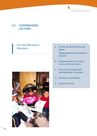 C o m pr e n s i ó n L e c t o r a




     5.2	 Comprensión
          Lectora




       Leo para Disfrutar   y
                                a.	 La hora de lectura libre, por
       Aprender                     placer
                                	   (Organización de la biblioteca
                                    de aula)

                                b.	 El docente lee a los niños y
                                    niñas y anima la lectura

                                c.	 Inicio de la comprensión:
                                    aprovechamos canciones

                                d.	 Leemos y aprendemos

                                e.	 Leemos noticias




94
 