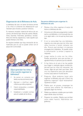 C o m pr e n s i ó n L e c t o r a




Organización de la Biblioteca de Aula.                 Secuencia didáctica para organizar la
                                                       biblioteca de aula.
La biblioteca de aula o el sector de lectura brinda
a los niños el ambiente de alfabetización que             Plantea a los niños organizar el sector de
necesitan para iniciarse y practicar la lectura.           lectura o biblioteca de aula.
Es necesario recopilar material de lectura de uso         Conversa con ellos para preguntarles si saben
común y de diverso tipo: libros de cuentos, fábulas,       qué es una biblioteca, si en la escuela hay una
mitos, leyendas, historietas, periódicos, revistas,        o en algún salón, si en el aula hay libros para
libros de diversas asignaturas y todo aquello que          leer.
pueda interesar a los niños.
                                                          Si en tu comunidad hay una biblioteca,
Se requiere también que haya renovación de los             organiza una visita para que los niños vean
materiales para lo cual se puede contar con el             cómo funciona y tomen contacto con
apoyo de la comunidad.                                     ella. Procura que escriban a la persona
                                                           encargada de la biblioteca. Te pueden dictar
                                                           la comunicación. La envían y esperan la
                                                           respuesta.
                                                          Luego realiza la visita con los niños.
                                                           Puedes aprovechar para que escriban un
                                                           agradecimiento a la persona que los atendió.
                                                          Si hay libros en el aula o les has pedido
                                                           que traigan o realizaste alguna recolección,
                                                           permite que los niños los manipulen, los
       ¿Qué aprenden los niños y                           revisen, digan de qué creen que tratan. Será
       niñas cuando organizan la                           una rica experiencia para que descubran
                                                           muchas cosas sobre el mundo escrito.
       biblioteca?
                                                          Pr e g u n t a : ¿ Q u é p o d e m o s h a c e r p a r a
       •    Se ponen en contacto con
                                                           organizar la biblioteca del aula? ¿Cómo nos
            textos escritos de diverso tipo.
                                                           podemos organizar? ¿Qué necesitamos?
       •    Agrupan y clasifican según                     ¿Quiénes lo harán?
            criterios que ellos proponen.
                                                          Pídeles que, en grupos, propongan los
       •    Hacen propuestas y cumplen                     criterios para ordenar los materiales y
            responsabilidades.                             agrúpalos según los mismos.
       •    Establecen y cumplen normas                   Pídeles que elaboren carteles para que todos
            para el cuidado de los libros.                 sepan dónde ubicar los libros.
                                                          Preparen los carteles. Déjalos que escriban
                                                           como saben hacerlo. Adórnenlos con
                                                           grafismos.




                                                                                                                        97
 