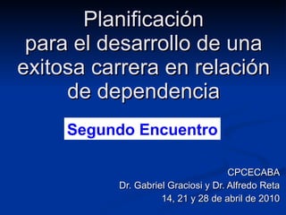 Planificación para el desarrollo de una exitosa carrera en relación de dependencia CPCECABA Dr. Gabriel Graciosi y Dr. Alfredo Reta 14, 21 y 28 de abril de 2010 Segundo Encuentro 