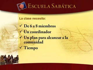 potencial de la Escuela SabáticaProporciona una excelente "escuela de entrenamiento”Convierte a los espectadores en participantes. Prepara a los miembros para dar un testimonio más efectivo. Habilita a los miembros para ganar y retener os desanimados.