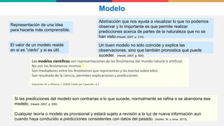 El valor de un modelo reside
en si es “cierto” y si es útil.
Representación de una idea
para hacerla más comprensible.
Abstracción que nos ayuda a visualizar lo que no podemos
observar y lo importante es que permite realizar
predicciones acerca de partes de la naturaleza que no se
han visto.(Hewitt, 2007, p. 214)
Si las predicciones del modelo son contrarias a lo que sucede, normalmente se refina o se abandona ese
modelo. (Hewitt, 2007, p. 500)
Cualquier teoría o modelo es provisional y estará sujeto a revisión a la luz de nueva información aun
cuando haya conducido a predicciones consistentes con datos del pasado. (Harlen, W. y otros. 2015).
Los modelos científicos son representaciones de los fenómenos del mundo natural o artificial.
No son los fenómenos mismos.
Son mediadores entre los fenómenos que representan y las teorías sobre ellos.
Son resultado de la ciencia, permiten explicaciones y predicciones.
(Izquierdo, M. y Aliberas, J. (2004) Citado por Caamaño, A.)
Modelo
Un buen modelo no sólo coincide y explica las
observaciones, sino que también pronostica qué puede
suceder. (Hewitt, 2007, p. 500)
 