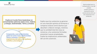 Explica el mundo físico basándose en
conocimientos sobre los seres vivos, materia
y energía, biodiversidad, Tierra y universo
Explica que las sustancias se generan
en una reacción química al formarse o
romperse enlaces entre átomos que
absorben o liberan energía, mientras
que la cantidad total de masa se
conserva; y las sustancias formadas
presentan nuevas propiedades.
Evalúa las implicancias ambientales
del uso de sustancias.
Comprende y usa conocimientos
sobre los seres vivos, biodiversidad,
Tierra y universo. Evalúa las
implicancias del sabe y del quehacer
científico y tecnológico
Oportunidad para la
comprensión y uso del
modelo
cambio químico y
evaluación de las
consecuencias del uso
de sustancias en el
ambiente.
 