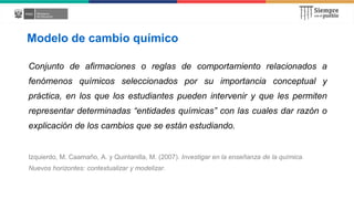 Modelo de cambio químico
Conjunto de afirmaciones o reglas de comportamiento relacionados a
fenómenos químicos seleccionados por su importancia conceptual y
práctica, en los que los estudiantes pueden intervenir y que les permiten
representar determinadas “entidades químicas” con las cuales dar razón o
explicación de los cambios que se están estudiando.
Izquierdo, M. Caamaño, A. y Quintanilla, M. (2007). Investigar en la enseñanza de la química.
Nuevos horizontes: contextualizar y modelizar.
 