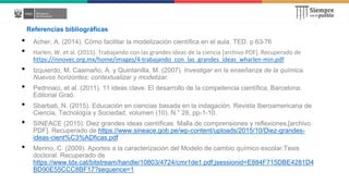 Referencias bibliográficas
• Acher, A. (2014). Cómo facilitar la modelización científica en el aula. TED. p 63-76
• Harlen, W. et al. (2015). Trabajando con las grandes ideas de la ciencia [archivo PDF]. Recuperado de
https://innovec.org.mx/home/images/4-trabajando_con_las_grandes_ideas_wharlen-min.pdf
• Izquierdo, M. Caamaño, A. y Quintanilla, M. (2007). Investigar en la enseñanza de la química.
Nuevos horizontes: contextualizar y modelizar.
• Pedrinaci, et al. (2011). 11 ideas clave. El desarrollo de la competencia científica, Barcelona.
Editorial Graó.
• Sbarbati, N. (2015). Educación en ciencias basada en la indagación. Revista Iberoamericana de
Ciencia, Tecnología y Sociedad, volumen (10), N.° 28, pp-1-10.
• SINEACE (2015). Diez grandes ideas científicas. Malla de comprensiones y reflexiones.[archivo
PDF]. Recuperado de https://www.sineace.gob.pe/wp-content/uploads/2015/10/Diez-grandes-
ideas-cient%C3%ADficas.pdf
• Merino, C. (2009). Aportes a la caracterización del Modelo de cambio químico escolar.Tesis
doctoral. Recuperado de
https://www.tdx.cat/bitstream/handle/10803/4724/cmr1de1.pdf;jsessionid=E884F715DBE4281D4
BD90E55CCC8BF17?sequence=1
 