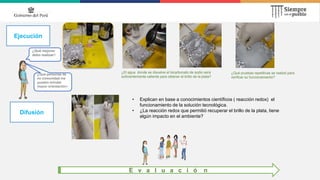 Ejecución
Difusión
E v a l u a c i ó n
¿El agua donde se disuelve el bicarbonato de sodio será
suficientemente caliente para obtener el brillo de la plata?
¿Qué pruebas repetitivas se realizó para
verificar su funcionamiento?
¿Qué mejorar
debo realizar?
• Explican en base a conocimientos científicos ( reacción redox) el
funcionamiento de la solución tecnológica.
• ¿La reacción redox que permitió recuperar el brillo de la plata, tiene
algún impacto en el ambiente?
¿Qué personas de
mi comunidad me
pueden brindar
mayor orientación?
 