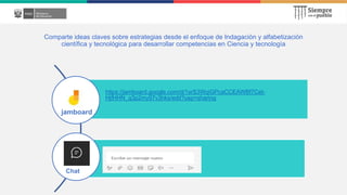 Comparte ideas claves sobre estrategias desde el enfoque de Indagación y alfabetización
científica y tecnológica para desarrollar competencias en Ciencia y tecnología
https://jamboard.google.com/d/1xrS3WqiGPcaCCEAWBf7Cet-
HjfHHN_q3p2my97v3hks/edit?usp=sharing
Chat
jamboard
 