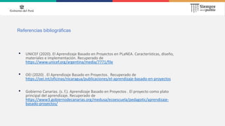Referencias bibliográficas
• UNICEF (2020). El Aprendizaje Basado en Proyectos en PLaNEA. Características, diseño,
materiales e implementación. Recuperado de
https://www.unicef.org/argentina/media/7771/file
• OEI (2020) . El Aprendizaje Basado en Proyectos. Recuperado de
https://oei.int/oficinas/nicaragua/publicaciones/el-aprendizaje-basado-en-proyectos
• Gobierno Canarias. (s. f.). Aprendizaje Basado en Proyectos . El proyecto como plato
principal del aprendizaje. Recuperado de
https://www3.gobiernodecanarias.org/medusa/ecoescuela/pedagotic/aprendizaje-
basado-proyectos/
 