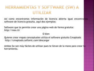 Así como encontramos información de licencia abierta igual encontramos
software de licencia gratuita, aquí dos ejemplos:
Software que te permite crear una página web de forma gratuita:
http://mex.tl/
O bien
Quieres crear mapas conceptuales utiliza el software gratuito Cmaptools
http://cmaptools.softonic.com/descargar
Ambos Sw son múy fáciles de utilizar pues te llevan de la mano para crear tu
herramienta.
 