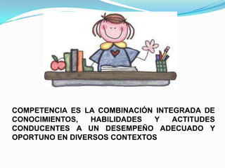 COMPETENCIA ES LA COMBINACIÓN INTEGRADA DE
CONOCIMIENTOS,   HABILIDADES Y    ACTITUDES
CONDUCENTES A UN DESEMPEÑO ADECUADO Y
OPORTUNO EN DIVERSOS CONTEXTOS
 