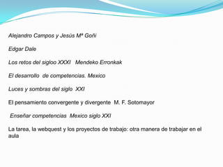 Alejandro Campos y Jesús Mª Goñi

Edgar Dale

Los retos del sigloo XXXI Mendeko Erronkak

El desarrollo de competencias. Mexico

Luces y sombras del siglo XXI

El pensamiento convergente y divergente M. F. Sotomayor

Enseñar competencias Mexico siglo XXI

La tarea, la webquest y los proyectos de trabajo: otra manera de trabajar en el
aula
 