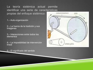 La teoría sistémica actual permite
identificar una serie de características
propias del enfoque sistémico:

1.– Auto-organización

2.– La fuerza de la tradición y sus
imágenes

3.– Interacciones entre todos los
elementos

4.– La imposibilidad de intervención
lineal

5.– El significado del sentido
 