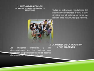 1. AUTO-ORGANIZACIÓN
     LA MATERIA DE LA QUE ESTÁ HECHA LA
                CONVIVENCIA               Todas las estructuras reguladoras del
                                          sistema son inherentes a éste, lo que
                                          significa que el sistema es capaz de
                                          recurrir a las estructuras que ya tiene.




                                         2. LA FUERZA DE LA TRADICIÓN
Las      imágenes     mentales      y  las      Y SUS IMÁGENES
interpretaciones son los factores que
determinan las percepciones de los actores
y la autopercepción de los sistemas
 