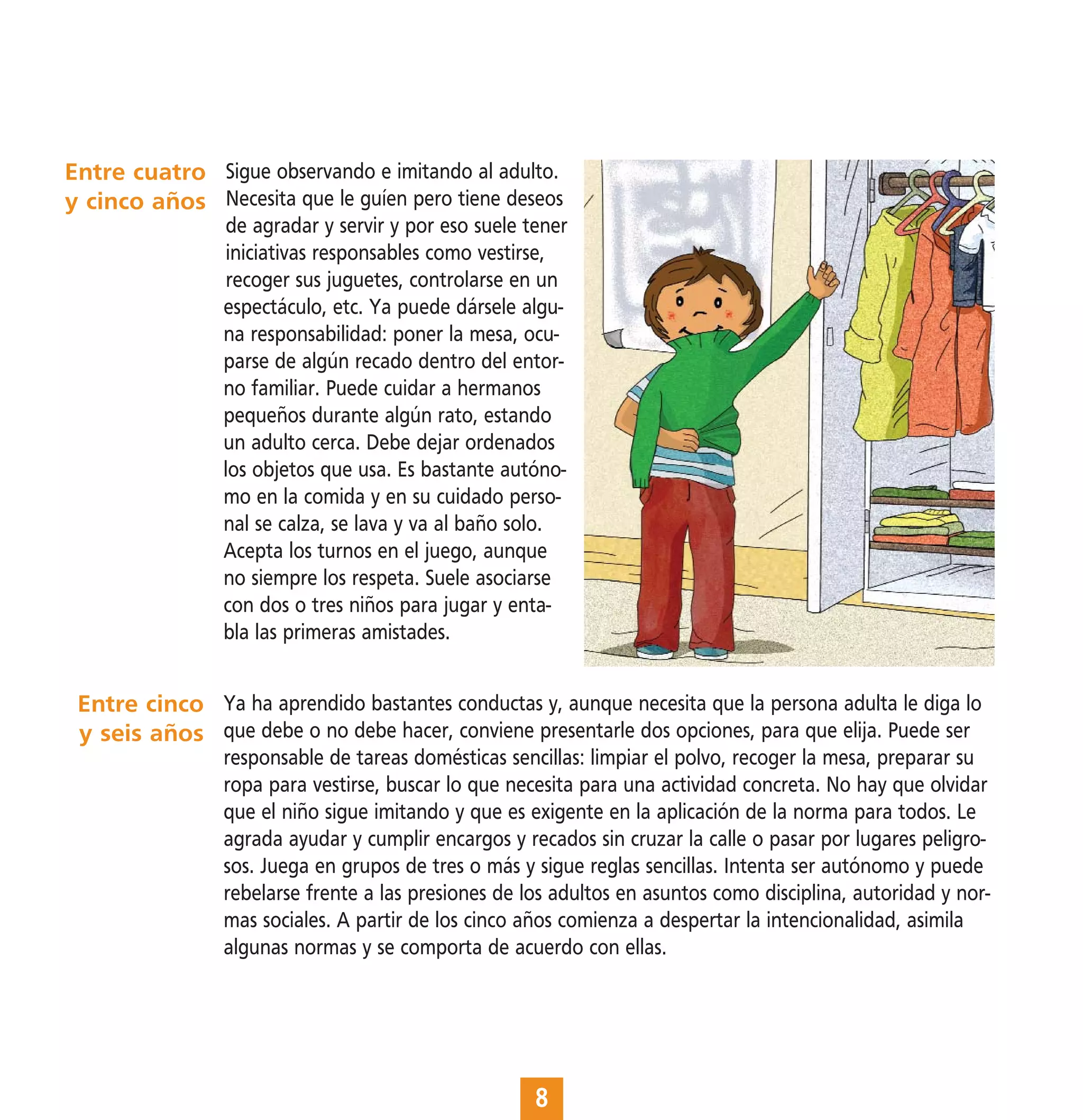 Entre cuatro Sigue observando e imitando al adulto.
y cinco años Necesita que le guíen pero tiene deseos
                 de agradar y servir y por eso suele tener
                 iniciativas responsables como vestirse,
                 recoger sus juguetes, controlarse en un
                 espectáculo, etc. Ya puede dársele algu-
                 na responsabilidad: poner la mesa, ocu-
                 parse de algún recado dentro del entor-
                 no familiar. Puede cuidar a hermanos
                 pequeños durante algún rato, estando
                 un adulto cerca. Debe dejar ordenados
                 los objetos que usa. Es bastante autóno-
                 mo en la comida y en su cuidado perso-
                 nal se calza, se lava y va al baño solo.
                 Acepta los turnos en el juego, aunque
                 no siempre los respeta. Suele asociarse
                 con dos o tres niños para jugar y enta-
                 bla las primeras amistades.


 Entre cinco Ya ha aprendido bastantes conductas y, aunque necesita que la persona adulta le diga lo
 y seis años que debe o no debe hacer, conviene presentarle dos opciones, para que elija. Puede ser
                 responsable de tareas domésticas sencillas: limpiar el polvo, recoger la mesa, preparar su
                 ropa para vestirse, buscar lo que necesita para una actividad concreta. No hay que olvidar
                 que el niño sigue imitando y que es exigente en la aplicación de la norma para todos. Le
                 agrada ayudar y cumplir encargos y recados sin cruzar la calle o pasar por lugares peligro-
                 sos. Juega en grupos de tres o más y sigue reglas sencillas. Intenta ser autónomo y puede
                 rebelarse frente a las presiones de los adultos en asuntos como disciplina, autoridad y nor-
                 mas sociales. A partir de los cinco años comienza a despertar la intencionalidad, asimila
                 algunas normas y se comporta de acuerdo con ellas.




                                                      8
 