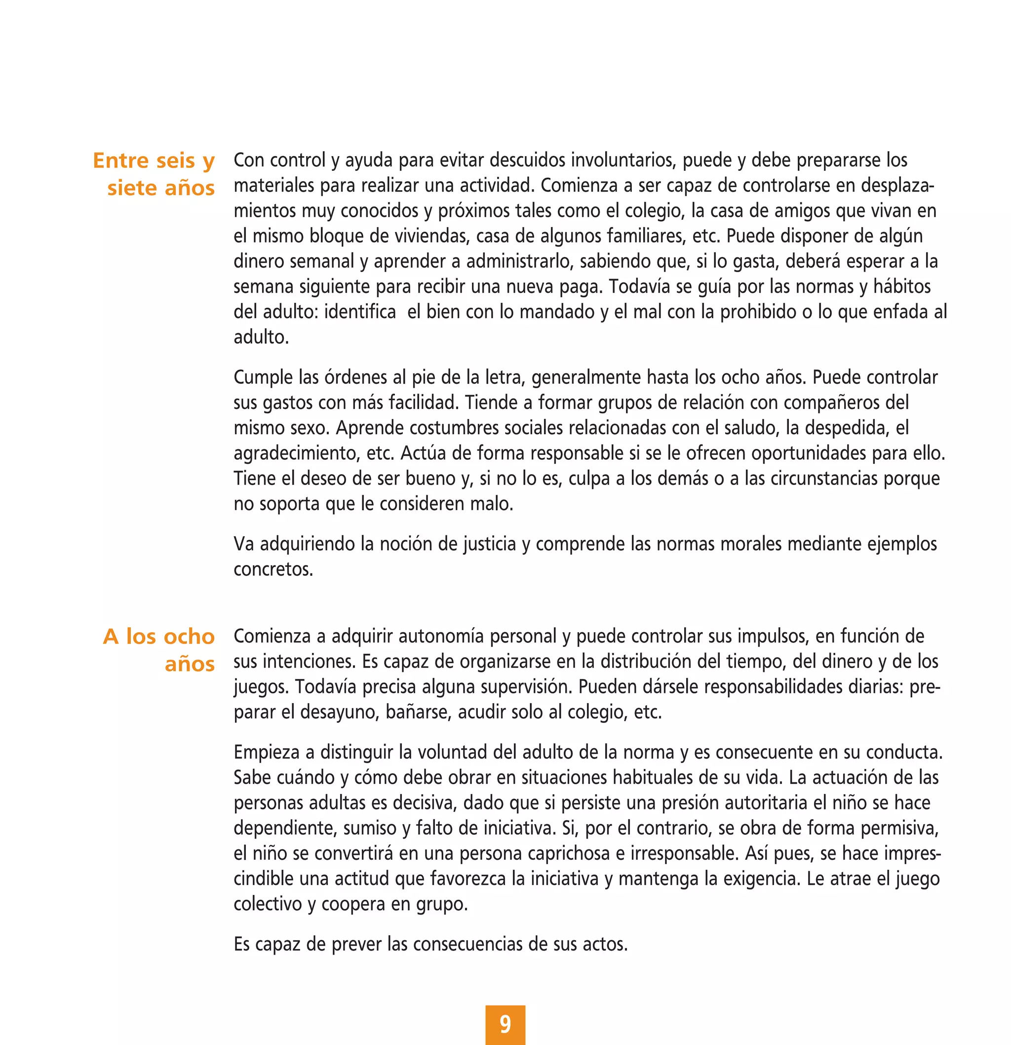 Entre seis y Con control y ayuda para evitar descuidos involuntarios, puede y debe prepararse los
 siete años materiales para realizar una actividad. Comienza a ser capaz de controlarse en desplaza-
                mientos muy conocidos y próximos tales como el colegio, la casa de amigos que vivan en
                el mismo bloque de viviendas, casa de algunos familiares, etc. Puede disponer de algún
                dinero semanal y aprender a administrarlo, sabiendo que, si lo gasta, deberá esperar a la
                semana siguiente para recibir una nueva paga. Todavía se guía por las normas y hábitos
                del adulto: identifica el bien con lo mandado y el mal con la prohibido o lo que enfada al
                adulto.
                Cumple las órdenes al pie de la letra, generalmente hasta los ocho años. Puede controlar
                sus gastos con más facilidad. Tiende a formar grupos de relación con compañeros del
                mismo sexo. Aprende costumbres sociales relacionadas con el saludo, la despedida, el
                agradecimiento, etc. Actúa de forma responsable si se le ofrecen oportunidades para ello.
                Tiene el deseo de ser bueno y, si no lo es, culpa a los demás o a las circunstancias porque
                no soporta que le consideren malo.
                Va adquiriendo la noción de justicia y comprende las normas morales mediante ejemplos
                concretos.


 A los ocho Comienza a adquirir autonomía personal y puede controlar sus impulsos, en función de
       años sus intenciones. Es capaz de organizarse en la distribución del tiempo, del dinero y de los
                juegos. Todavía precisa alguna supervisión. Pueden dársele responsabilidades diarias: pre-
                parar el desayuno, bañarse, acudir solo al colegio, etc.
                Empieza a distinguir la voluntad del adulto de la norma y es consecuente en su conducta.
                Sabe cuándo y cómo debe obrar en situaciones habituales de su vida. La actuación de las
                personas adultas es decisiva, dado que si persiste una presión autoritaria el niño se hace
                dependiente, sumiso y falto de iniciativa. Si, por el contrario, se obra de forma permisiva,
                el niño se convertirá en una persona caprichosa e irresponsable. Así pues, se hace impres-
                cindible una actitud que favorezca la iniciativa y mantenga la exigencia. Le atrae el juego
                colectivo y coopera en grupo.
                Es capaz de prever las consecuencias de sus actos.


                                                  9
 