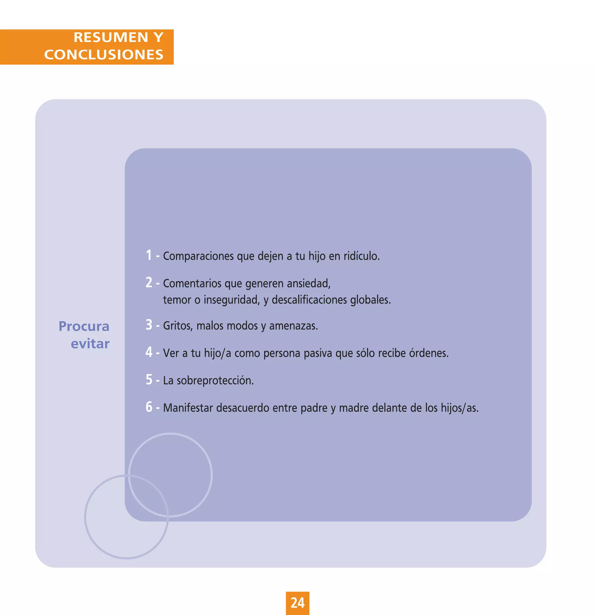 RESUMEN Y
CONCLUSIONES




            1 - Comparaciones que dejen a tu hijo en ridículo.
            2 - Comentarios que generen ansiedad,
               temor o inseguridad, y descalificaciones globales.

 Procura    3 - Gritos, malos modos y amenazas.
   evitar
            4 - Ver a tu hijo/a como persona pasiva que sólo recibe órdenes.
            5 - La sobreprotección.
            6 - Manifestar desacuerdo entre padre y madre delante de los hijos/as.




                                          24
 