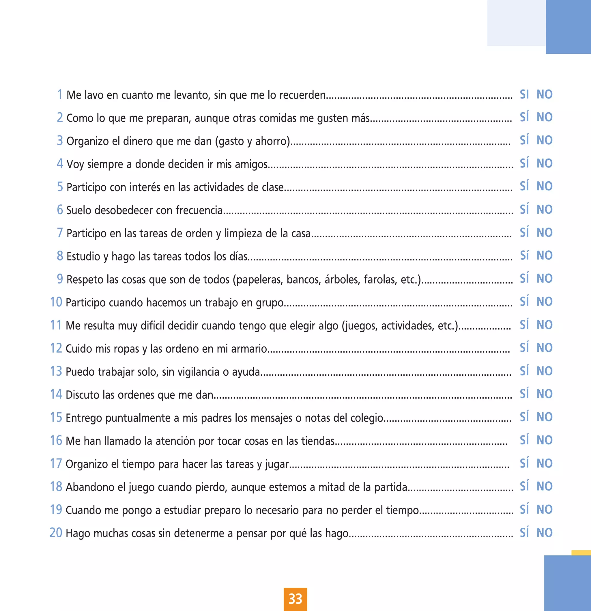 1 Me lavo en cuanto me levanto, sin que me lo recuerden................................................................... SI NO
  2 Como lo que me preparan, aunque otras comidas me gusten más................................................... SÍ NO
  3 Organizo el dinero que me dan (gasto y ahorro)............................................................................... SÍ NO
  4 Voy siempre a donde deciden ir mis amigos........................................................................................ SÍ NO
  5 Participo con interés en las actividades de clase.................................................................................. SÍ NO
  6 Suelo desobedecer con frecuencia........................................................................................................ SÍ NO
  7 Participo en las tareas de orden y limpieza de la casa........................................................................ SÍ NO
  8 Estudio y hago las tareas todos los días............................................................................................... Sí NO
  9 Respeto las cosas que son de todos (papeleras, bancos, árboles, farolas, etc.)................................. SÍ NO
10 Participo cuando hacemos un trabajo en grupo.................................................................................. SÍ NO
11 Me resulta muy difícil decidir cuando tengo que elegir algo (juegos, actividades, etc.)................... SÍ NO
12 Cuido mis ropas y las ordeno en mi armario....................................................................................... SÍ NO
13 Puedo trabajar solo, sin vigilancia o ayuda.......................................................................................... SÍ NO
14 Discuto las ordenes que me dan........................................................................................................... SÍ NO
15 Entrego puntualmente a mis padres los mensajes o notas del colegio.............................................. SÍ NO
16 Me han llamado la atención por tocar cosas en las tiendas.............................................................. SÍ NO
17 Organizo el tiempo para hacer las tareas y jugar............................................................................... SÍ NO
18 Abandono el juego cuando pierdo, aunque estemos a mitad de la partida...................................... SÍ NO
19 Cuando me pongo a estudiar preparo lo necesario para no perder el tiempo.................................. SÍ NO
20 Hago muchas cosas sin detenerme a pensar por qué las hago........................................................... SÍ NO



                                                                     33
 