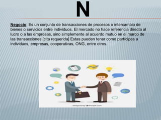 NNegocio: Es un conjunto de transacciones de procesos o intercambio de
bienes o servicios entre individuos. El mercado no hace referencia directa al
lucro o a las empresas, sino simplemente al acuerdo mutuo en el marco de
las transacciones.[cita requerida] Estas pueden tener como partícipes a
individuos, empresas, cooperativas, ONG, entre otros.
 