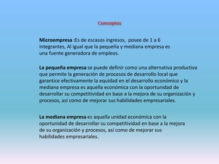 Microempresa :Es de escasos ingresos, posee de 1 a 6
integrantes, Al igual que la pequeña y mediana empresa es
una fuente generadora de empleos.
La pequeña empresa se puede definir como una alternativa productiva
que permite la generación de procesos de desarrollo local que
garantice efectivamente la equidad en el desarrollo económico y la
mediana empresa es aquella económica con la oportunidad de
desarrollar su competitividad en base a la mejora de su organización y
procesos, así como de mejorar sus habilidades empresariales.
La mediana empresa es aquella unidad económica con la
oportunidad de desarrollar su competitividad en base a la mejora
de su organización y procesos, así como de mejorar sus
habilidades empresariales.
 