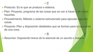  P
 Producto: Es lo que se produce o elabora.
 Plan: Proyecto, programa de las cosas que se van a hacer y de cómo
hacerlas.
 Procedimiento: Método o sistema estructurado para ejecutar algunas
cosas.
 Proyecto: Plan y disposición detallados que se forman para la ejecución
de una cosa.
 R
 Resumen: Exposición breve de lo esencial de un asunto o materia.
 
