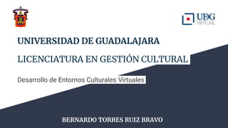 UNIVERSIDAD DE GUADALAJARA
LICENCIATURA EN GESTIÓN CULTURAL
Desarrollo de Entornos Culturales Virtuales
BERNARDO TORRES RUIZ BRAVO
 