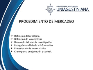 PROCEDIMIENTO DE MERCADEO 
 Definición del problema, 
 Definición de los objetivos 
 Desarrollo del plan de investigación 
 Recogida y análisis de la información 
 Presentación de los resultados 
 Cronograma de ejecución y control. 
 