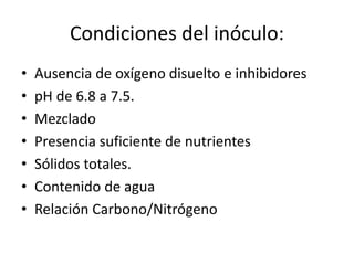 Condiciones del inóculo:
• Ausencia de oxígeno disuelto e inhibidores
• pH de 6.8 a 7.5.
• Mezclado
• Presencia suficiente de nutrientes
• Sólidos totales.
• Contenido de agua
• Relación Carbono/Nitrógeno
 