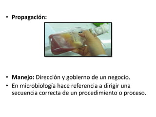 • Propagación:
• Manejo: Dirección y gobierno de un negocio.
• En microbiología hace referencia a dirigir una
secuencia correcta de un procedimiento o proceso.
 