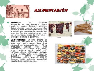  Proteínas: las obtenían
alimentándose de venados, lobos
marinos, zorros, llamas y alpacas.
Estas últimas eran o bien comidas
frescas o deshidratarlas (charqui) y así
le duraba por más tiempo. también las
obtenían de los alimentos de mar
como mariscos, peces de mar, ríos y
lagos por ejemplo el pejerrey .
 Carbohidratos: En este ámbito se
basa más que nada en la papa y el
maíz los cuales tenían una gran
variedad de preparaciones. . Otros
productos también que eran
consumidos eran zapallo, maní, papa,
yuca, calabaza, frijol, pallar, cuy,
cañihua, olluco, chirimoya, papaya,
chuño, camote, palta, piña, lúcuma,
guayaba, achira, arracacha,
guanábana, quinua, kiwicha, caigua,
tomate, maca, uncucha, granadilla,
ciruela, tuna, pacae, pepino.
 