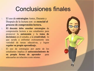 Conclusiones finales
1. El uso de estrategias Antes, Durante y
Después de la lectura son es esencial el
proceso de comprensión lectora.
2. El docente debe enseñar estrategias de
comprensión lectora a sus estudiantes para
promover la autonomía y la toma de
decisiones en el estudio, a la creatividad, lo
que ayuda a enfrentar exitosamente una
variedad de tareas educativas, y lograr
regular su propio aprendizaje.
3. El uso de estrategias por parte de los
estudiantes implica el autoconocimiento de
su propia forma de aprender para
adecuarlas en relación a esto mismo.
 