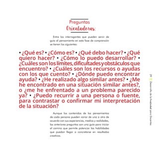 Preguntas
Orientadoras:
Entre los interrogantes que pueden servir de
guía al pensamiento en esta fase de comprensión
se tienen los siguientes:
Aunque los contenidos de los pensamientos
de cada persona pueden variar de una a otra de
acuerdo con sus experiencias, medios y realidades,
las anteriores preguntas son una guía para iniciar
el camino que permite potenciar las habilidades
que puedan llegar a concretarse en resultados
creativos.
• ¿Qué es? • ¿Cómo es? • ¿Qué debo hacer? • ¿Qué
quiero hacer? • ¿Cómo lo puedo desarrollar? •
¿Cuálessonloslímites,dificultadesyobstáculosque
encuentro? • ¿Cuáles son los recursos o ayudas
con los que cuento? • ¿Dónde puedo encontrar
ayuda? • ¿He realizado algo similar antes? • ¿Me
he encontrado en una situación similar antes?,
o ¿me he enfrentado a un problema parecido
ya? • ¿Puedo recurrir a una persona o fuente,
para contrastar o confirmar mi interpretación
de la situación?
DesarrollodelaCreatividadparaDocentes29
 