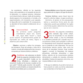 los ecosistemas, referida en las siguientes
líneas, está sustentada en el propósito de permitir
al educando, o a cualquier persona, interactuar
con la teoría hecha vida por medio de la práctica,
dando espacio a la manipulación, a la duda, a la
experimentación, a la innovación y, por supuesto,
al desarrollo de la creatividad. En consecuencia,
se abordará el tema desde la elaboración de un
acuario.
1
Intencionalidad: responde a
las primeras cuatro preguntas
orientadoras (¿qué es?, ¿cómo
es?, ¿qué debo hacer? y ¿qué
quiero hacer?). El planteamiento puede ser
expresado por medio de metas, logros u
objetivos para desarrollar.
Objetivo: reconocer y aplicar los conceptos
de ecosistema, flujos de energía y ciclos de la
materia, a través de la elaboración de un acuario
compuesto por factores bióticos y abióticos.
2
Condiciones: este subproceso se aborda
desde las preguntas orientadoras (¿cómo
lo puedo desarrollar?, ¿cuáles son los
límites, dificultades y obstáculos que
encuentro?, ¿cuáles son los recursos o ayudas con los
que cueto? Y ¿dónde puedo encontrar más ayuda?).
Teniendo en cuenta el objetivo, es necesario describir los
elementos demandados para su consecución:
Factores abióticos: pecera (¿grande o pequeña?),
agua,piedrasderío,oxígeno,sol,lugardeubicación.
Factores bióticos: peces (¿qué tipos de
peces?) y plantas (algas, musgos acuáticos).
Asimismo, el pensar en los presupuestos
teórico y económico forma parte de este
subproceso, puesto que establecer las reglas
y los límites ayuda a determinar los caminos
que se van a recorrer.
3
Recordar: las preguntas orientadoras
(¿he realizado algo similar antes?,
¿me he encontrado en una situación
similar antes?, o ¿me he enfrentado
a un problema parecido ya? y ¿puedo recurrir a
una persona o fuente, para contrastar o confirmar
mi interpretación de la situación?) responden a lo
que se pretende en este subproceso. Así que los
conocimientos teóricos previos, tales como los
reinos de la naturaleza (mónera, fungi, protista,
vegetal y animal), la fotosíntesis, las cadenas
alimenticias, pirámides alimenticias y redes
tróficas, además de los conocimientos prácticos
(alimentación y cuidado de mascotas, alimentos
saludables, limpieza de espacios), entre otros, son
imprescindibles en este momento.
.De aquí en adelante, el uso de la memoria se
hace presente en cada uno de los subprocesos
que se describen en las fases II y III.
DesarrollodelaCreatividadparaDocentes34
 