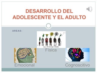 AR E AS :
DESARROLLO DEL
ADOLESCENTE Y EL ADULTO
Física
Emocional Cognoscitivo
 