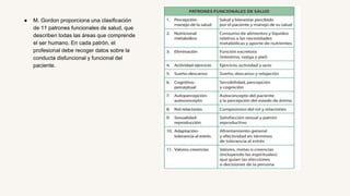 ● M. Gordon proporciona una clasificación
de 11 patrones funcionales de salud, que
describen todas las áreas que comprende
el ser humano. En cada patrón, el
profesional debe recoger datos sobre la
conducta disfuncional y funcional del
paciente.
 