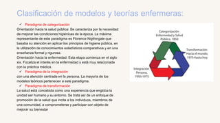 Clasificación de modelos y teorías enfermeras:
 Paradigma de categorización
Orientación hacia la salud pública: Se caracteriza por la necesidad
de mejorar las condiciones higiénicas de la época. La máxima
representante de este paradigma es Florence Nigthingale que
basaba su atención en aplicar los principios de higiene pública, en
la utilización de conocimientos estadísticos comparativos y en una
enseñanza formal y rigurosa.
Orientación hacia la enfermedad: Esta etapa comienza en el siglo
xix. Focaliza el interés en la enfermedad y está muy relacionada
con la práctica médica.
 Paradigma de la integración
con una atención centrada en la persona. La mayoría de los
modelos teóricos pertenecen a este paradigma.
 Paradigma de transformación
La salud está concebida como una experiencia que engloba la
unidad ser humano y su entorno. Se trata así de un enfoque de
promoción de la salud que incita a los individuos, miembros de
una comunidad, a comprometerse y participar con objeto de
mejorar su bienestar
 