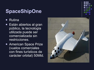 SpaceShipOne Rutina Están abiertos al gran público, la tecnología utilizada puede ser comercializada sin restricciones. American Space Prize (vuelos comerciales con fines turísticos de carácter orbital) 50Mld. 