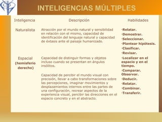 INTELIGENCIAS MÚLTIPLES 
Inteligencia Descripción Habilidades 
Naturalista Atracción por el mundo natural y sensibilidad 
en relación con el mismo, capacidad de 
identificación del lenguaje natural y capacidad 
de éxtasis ante el paisaje humanizado. 
•Relatar. 
•Demostrar. 
•Seleccionar. 
•Plantear hipótesis. 
•Clasificar. 
•Revisar. 
Espacial 
(hemisferio 
derecho) 
Capacidad de distinguir formas y objetos 
incluso cuando se presentan en ángulos 
insólitos. 
Capacidad de percibir el mundo visual con 
precisión, llevar a cabo transformaciones sobre 
las percepciones, imaginar movimientos y 
desplazamientos internos entre las partes de 
una configuración, recrear aspectos de la 
experiencia visual, percibir las direcciones en el 
espacio concreto y en el abstracto. 
•Localizar en el 
espacio y en el 
tiempo. 
•Comparar. 
Observar. 
•Deducir. 
•Relatar. 
•Combinar. 
•Transferir. 
 