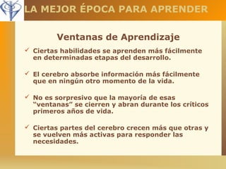 LA MEJOR ÉPOCA PARA APRENDER 
Ventanas de Aprendizaje 
 Ciertas habilidades se aprenden más fácilmente 
en determinadas etapas del desarrollo. 
 El cerebro absorbe información más fácilmente 
que en ningún otro momento de la vida. 
 No es sorpresivo que la mayoría de esas 
“ventanas” se cierren y abran durante los críticos 
primeros años de vida. 
 Ciertas partes del cerebro crecen más que otras y 
se vuelven más activas para responder las 
necesidades. 
 