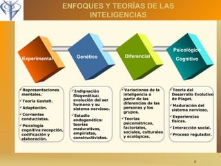 8 
ENFOQUES Y TEORÍAS DE LAS 
INTELIGENCIAS 
Experimental Genético Diferencial 
Variaciones de la 
inteligencia a 
partir de las 
diferencias de las 
personas y los 
grupos. 
Teorías 
psicométricas, 
factoriales, 
sociales, culturales 
y ecológicas. 
Psicológico 
Cognitivo 
Representaciones 
mentales. 
Teoría Gestalt. 
Adaptación. 
Corrientes 
conductistas. 
Psicología 
cognitiva:recepción, 
codificación y 
elaboración. 
Indignación 
filogenética: 
evolución del ser 
humano y su 
sistema nervioso. 
Estudio 
endogenético: 
teorías 
madurativas, 
empiristas, 
constructivistas. 
Teoría del 
Desarrollo Evolutivo 
de Piaget. 
Maduración del 
sistema nervioso. 
Experiencias 
fisícas. 
Interacción social. 
Proceso regulador. 
 
