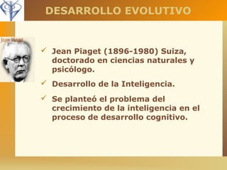 DESARROLLO EVOLUTIVO 
 Jean Piaget (1896-1980) Suiza, 
doctorado en ciencias naturales y 
psicólogo. 
 Desarrollo de la Inteligencia. 
 Se planteó el problema del 
crecimiento de la inteligencia en el 
proceso de desarrollo cognitivo. 
 