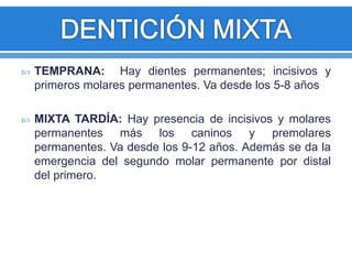  TEMPRANA: Hay dientes permanentes; incisivos y 
primeros molares permanentes. Va desde los 5-8 años 
 MIXTA TARDÍA: Hay presencia de incisivos y molares 
permanentes más los caninos y premolares 
permanentes. Va desde los 9-12 años. Además se da la 
emergencia del segundo molar permanente por distal 
del primero. 
 