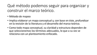 Qué método podemos seguir para organizar y
construir el marco teórico.
• Método de mapeo
• Implica elaborar un mapa conceptual y, con base en éste, profundizar
en la revisión de la literatura y el desarrollo del marco teórico.
• Como todo mapa conceptual, su claridad y estructura dependen de
que seleccionemos los términos adecuados, lo que a su vez se
relaciona con un planteamiento enfocado.
 